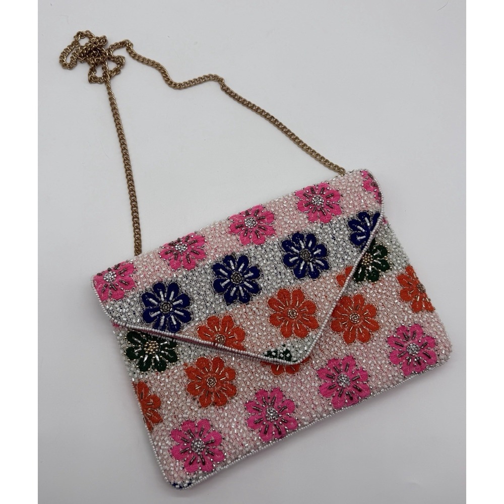 Beaded Floral Crossbody Clutch Purse Pink Multicolor Wool Cotton